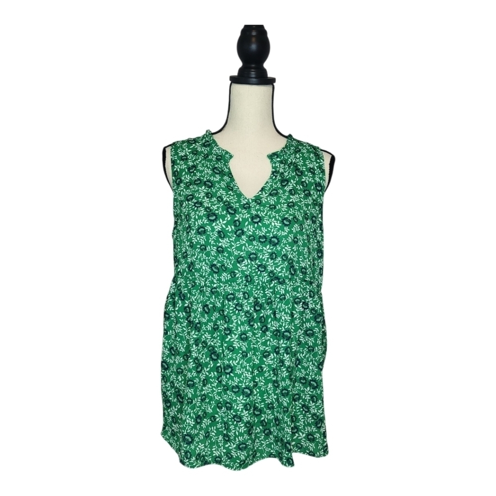 Bobeau Top Green White Blue Floral Split Vneck Sleeveless Women's Size M